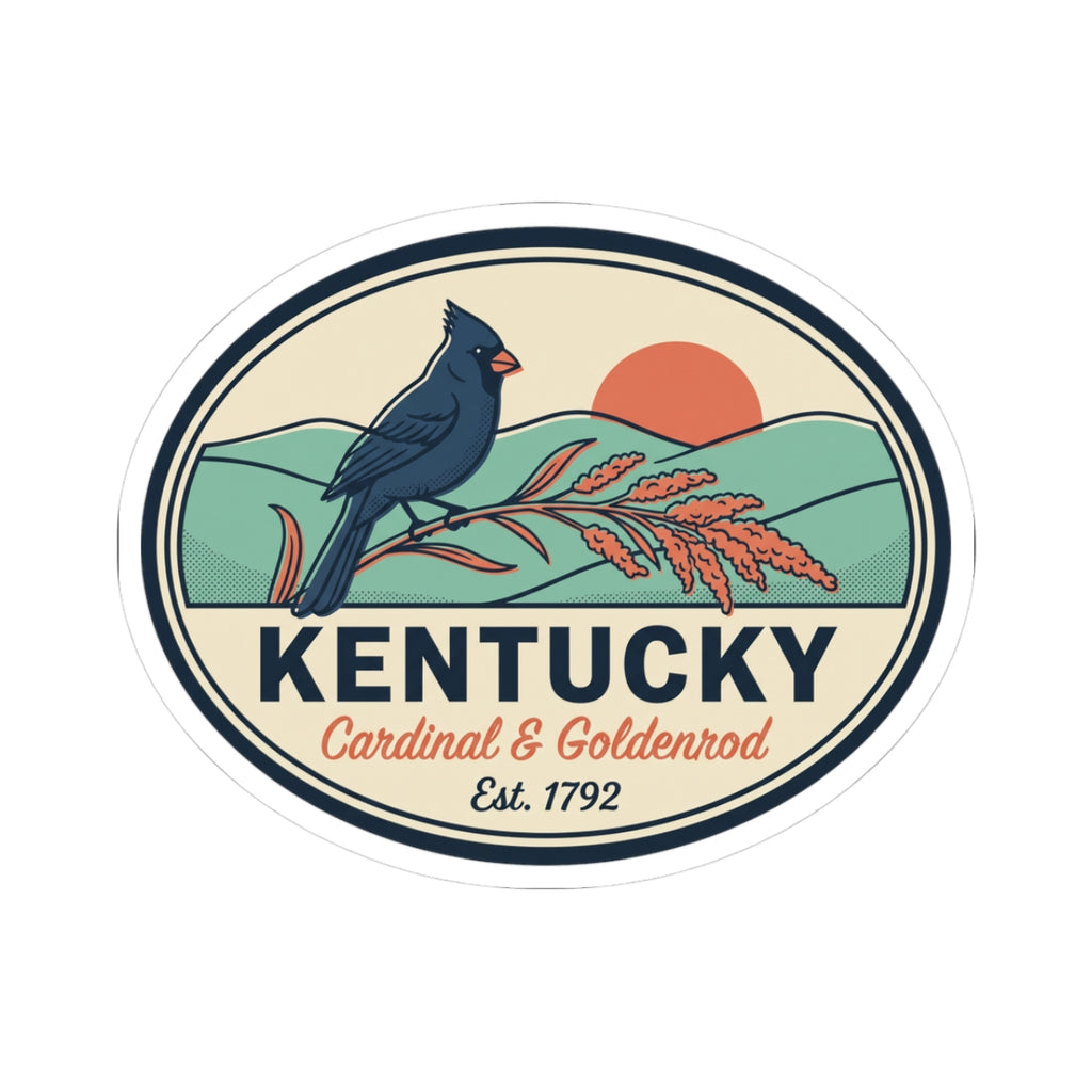 Round vinyl sticker badge with white border: blue cardinal, goldenrod blooms, Kentucky, Est. 1792.