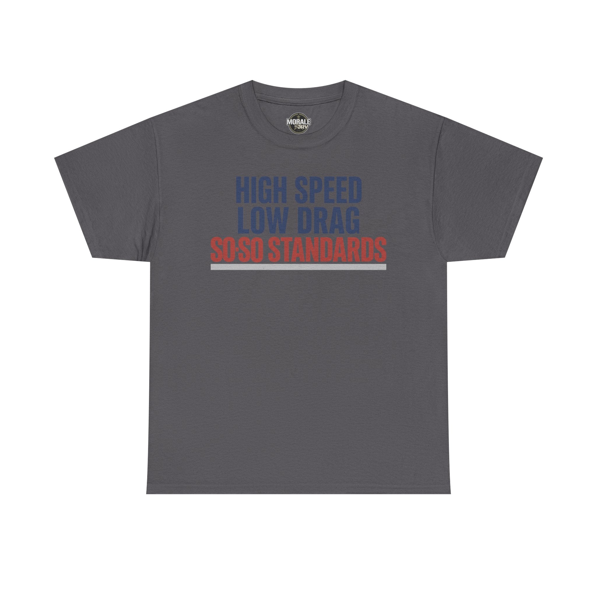 Charcoal crew-neck T-shirt with blue and red "High Speed Low Drag" slogan graphic