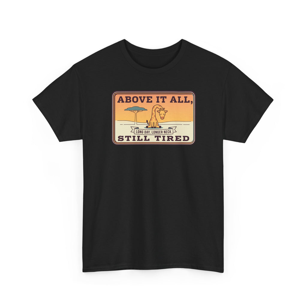 Above It All Still Tired Tee | Retro Beach Scene, Coffee Cup, Sunset Vibes