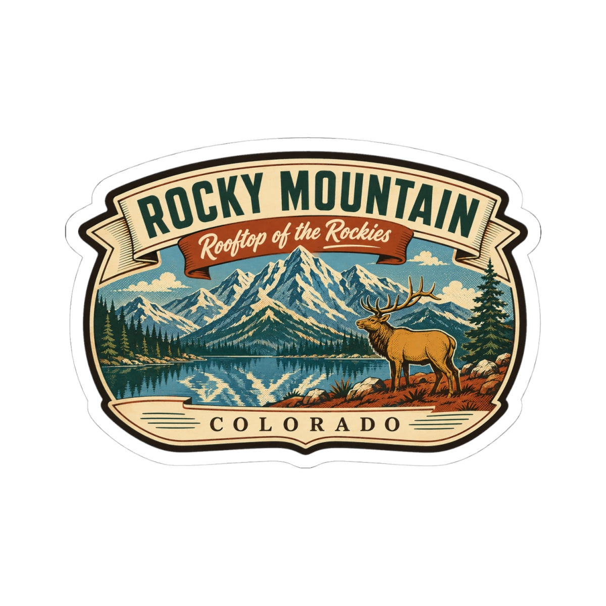 Travel sticker showing mountain lake scenery, standing elk, and Rocky Mountain Colorado lettering