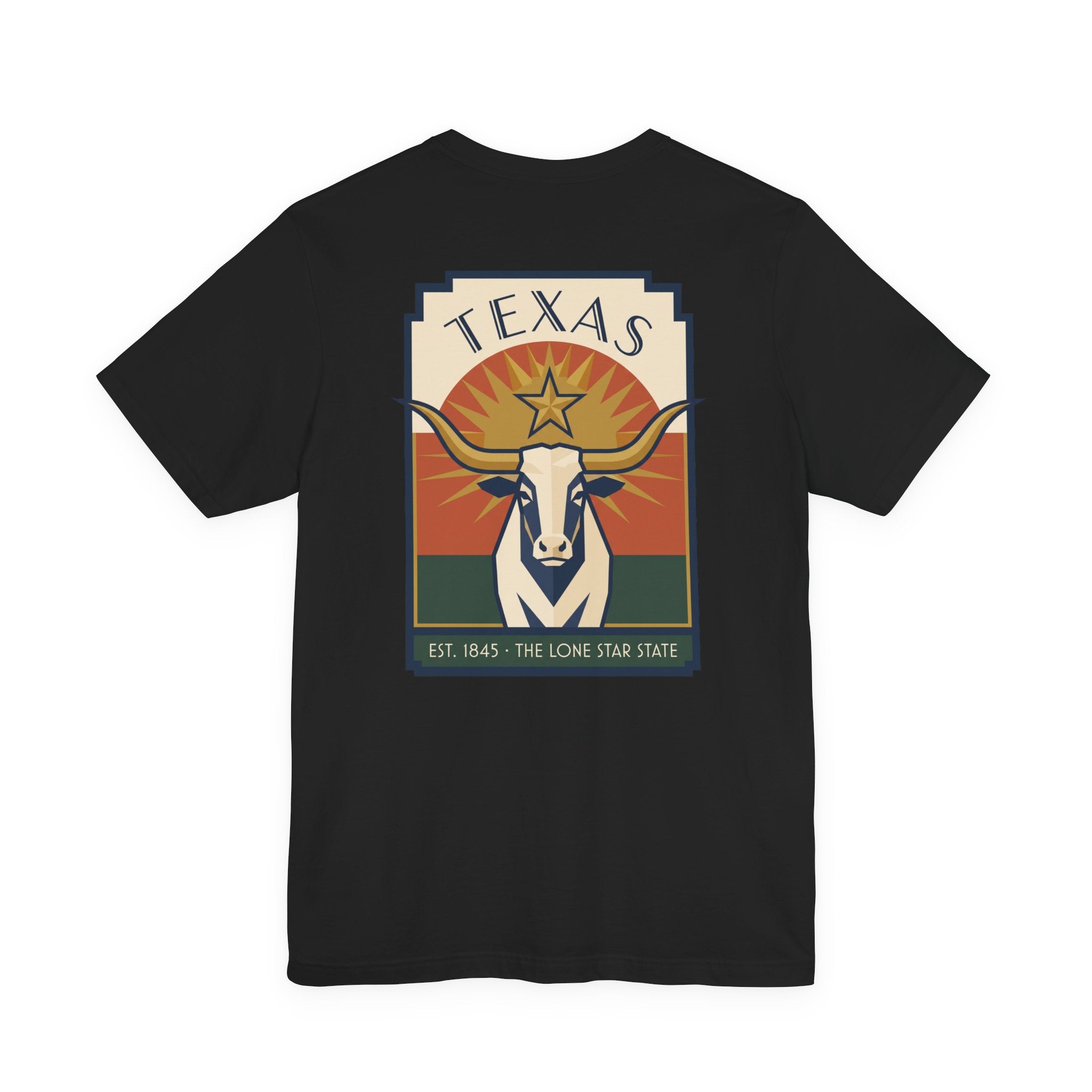 Black T-shirt with retro Texas graphic, longhorn head and star logo in square frame
