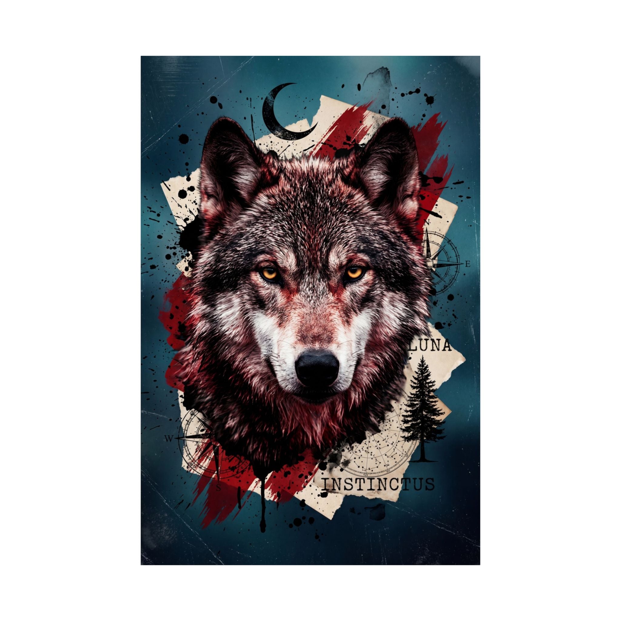 Wolf-Wandkunst-Print: zentrierter Wolfkopf, dreifarbige Akzente (Schwarz, Rot, Teal), grafisch