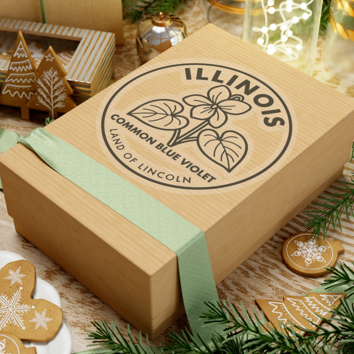 Illinois sticker decal on box, circular line drawing of common blue violet with 'ILLINOIS'