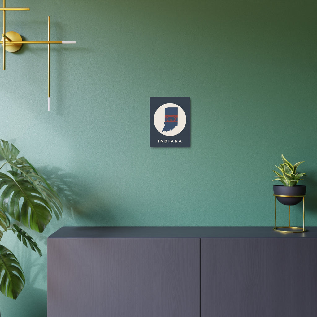 Indiana metal wall sign on green wall, dark blue square with white oval and hoop flag map design