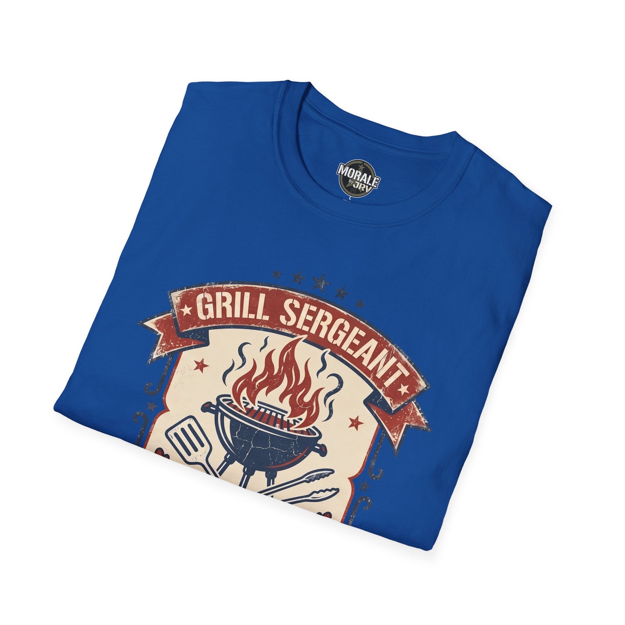 Royal blue T-shirt with “GRILL SERGEANT” BBQ badge and grill flame graphic