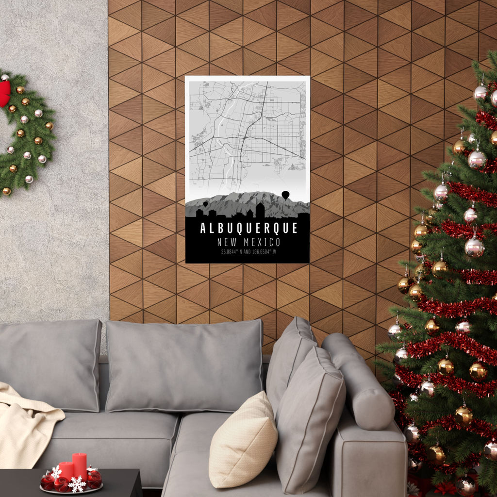 Albuquerque New Mexico map poster on wall with title, skyline silhouette, and coordinates