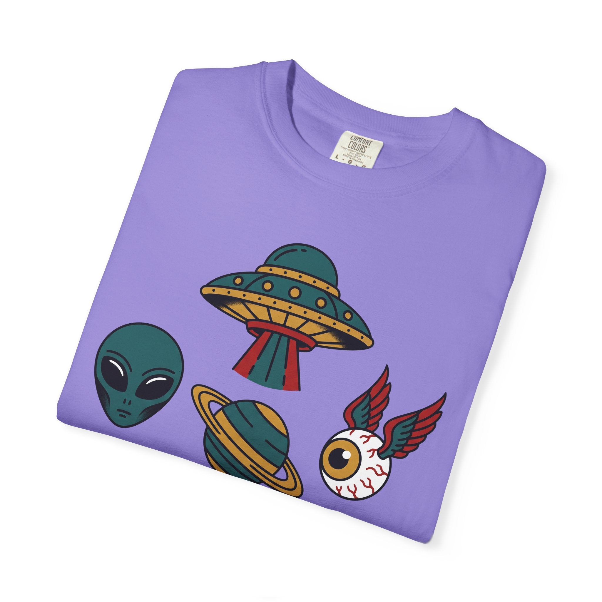 Lavender T-shirt with alien, UFO, and cat graphic print