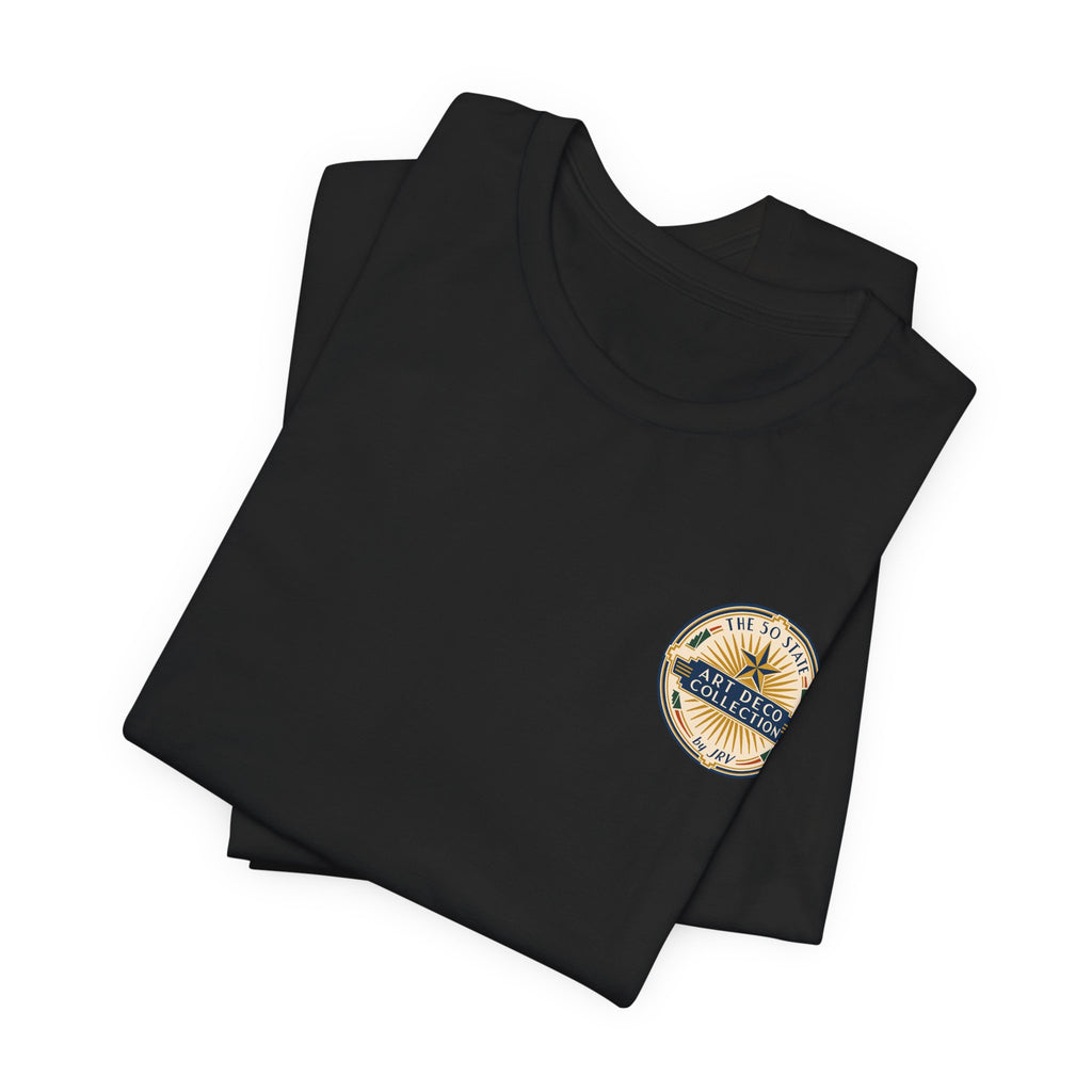 Black folded T-shirts with small circular logo on left chest, crew neck, short sleeves