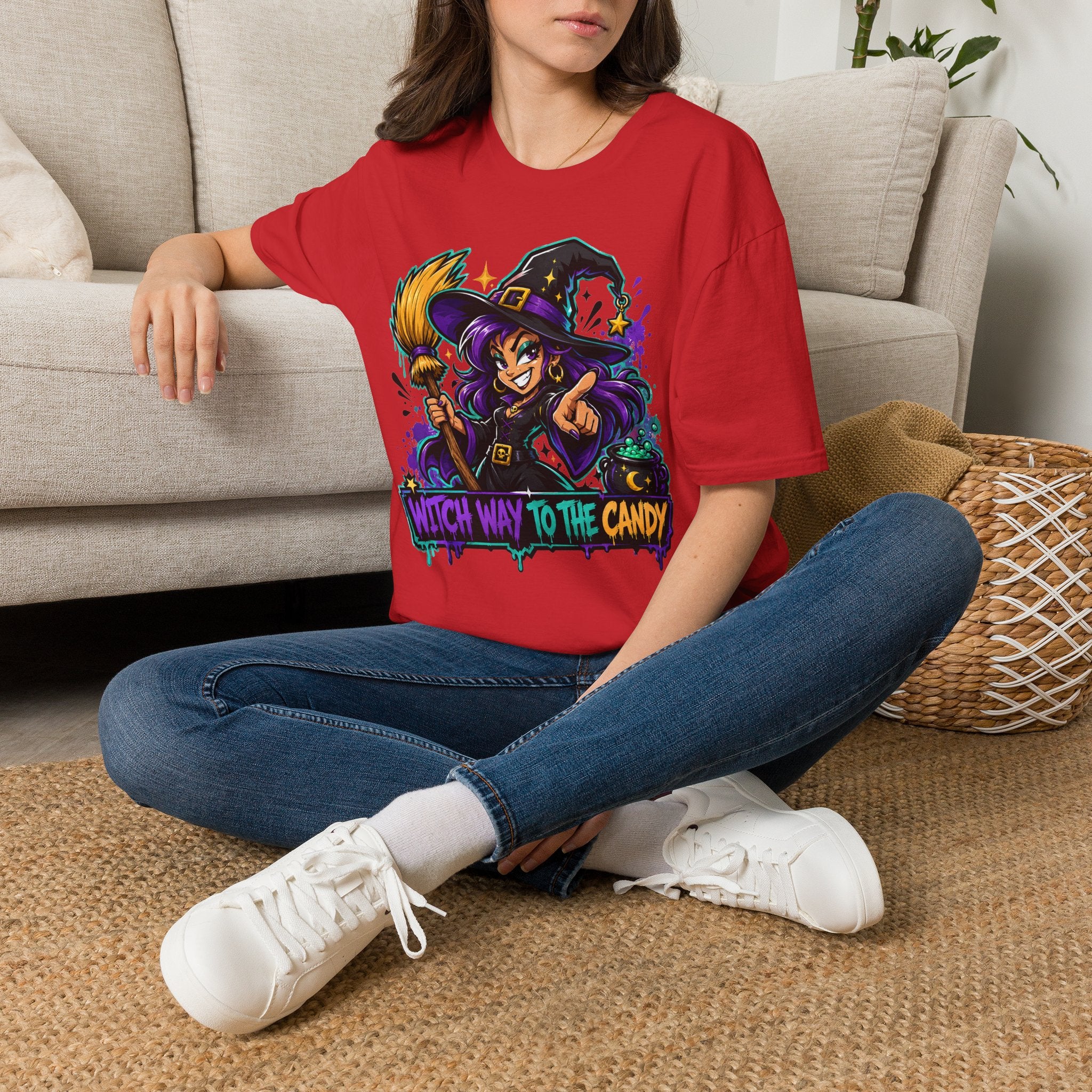 Witch Way To The Candy T-Shirt | Funny Halloween Witch Graphic Tee | Spooky Season Gift | Trick or Treat Shirt
