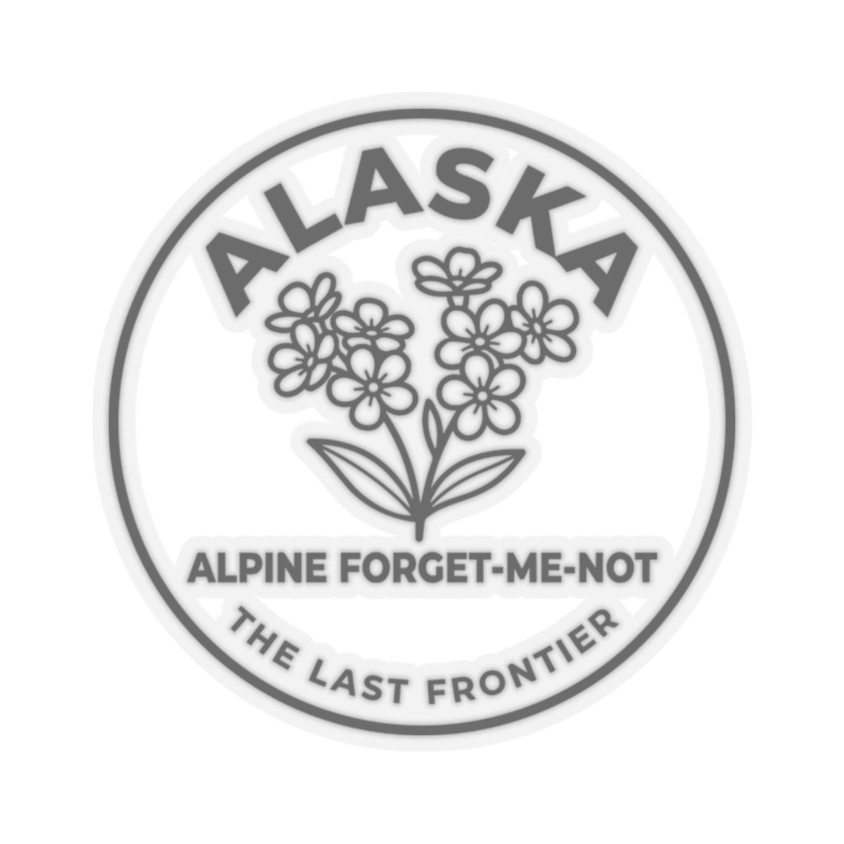 Alaska alpine forget-me-not vinyl sticker, circular floral logo with dark text