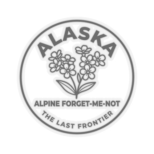 Alaska alpine forget-me-not vinyl sticker, circular floral logo with dark text
