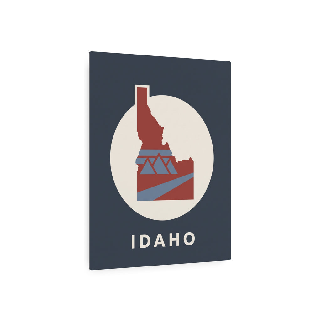Idaho map metal sign, dark blue square with red state silhouette and white IDAHO text