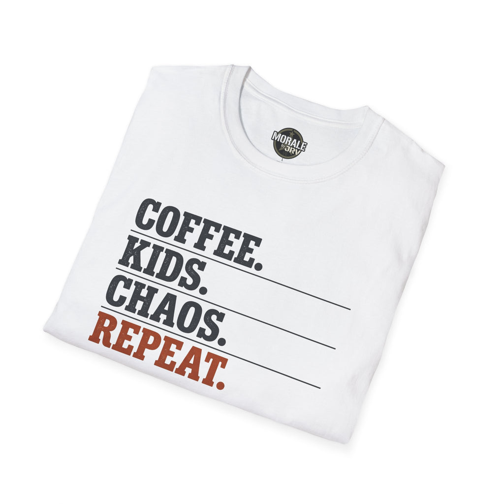White T-shirt close-up of “COFFEE. KIDS. CHAOS. REPEAT.” graphic