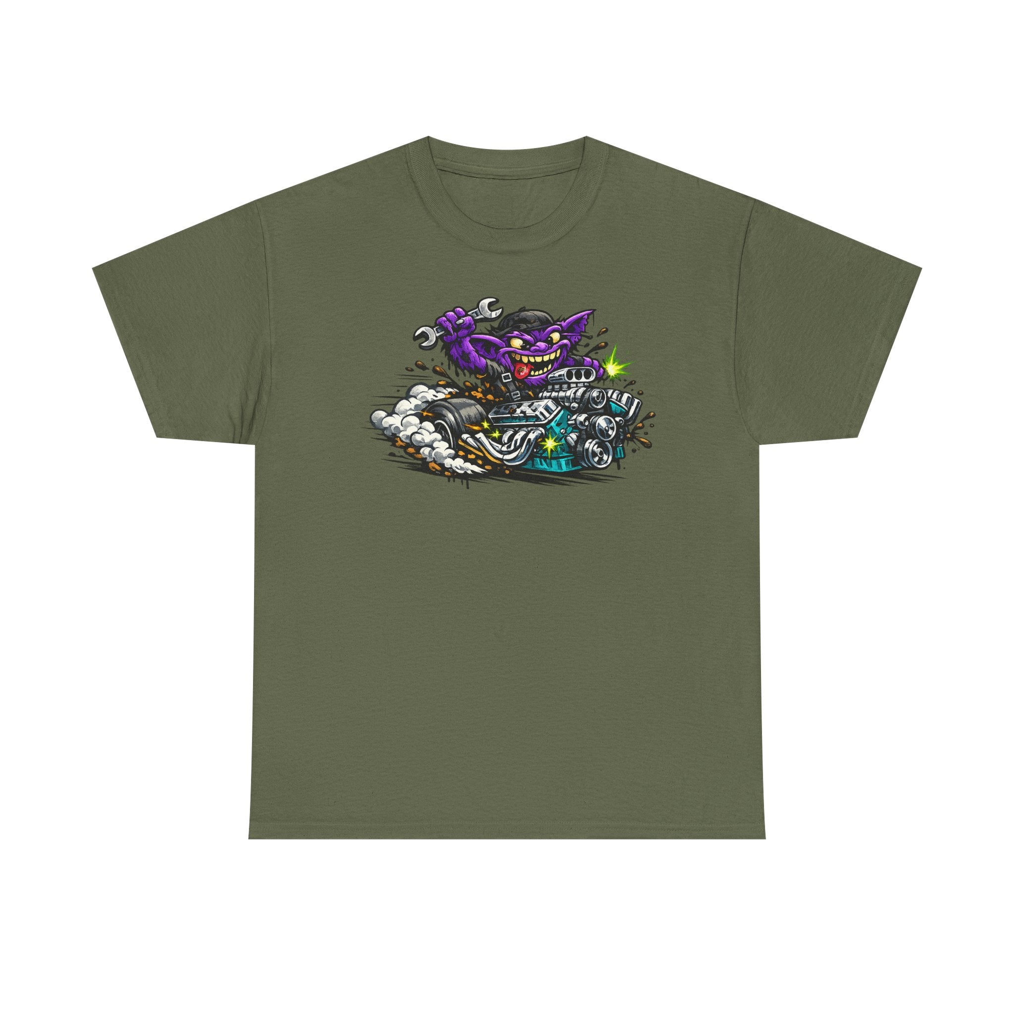 Purple Grinning Cat Biker Tee | Retro Cartoon Motorcycle Graphic T-Shirt, Unisex Streetwear Gift