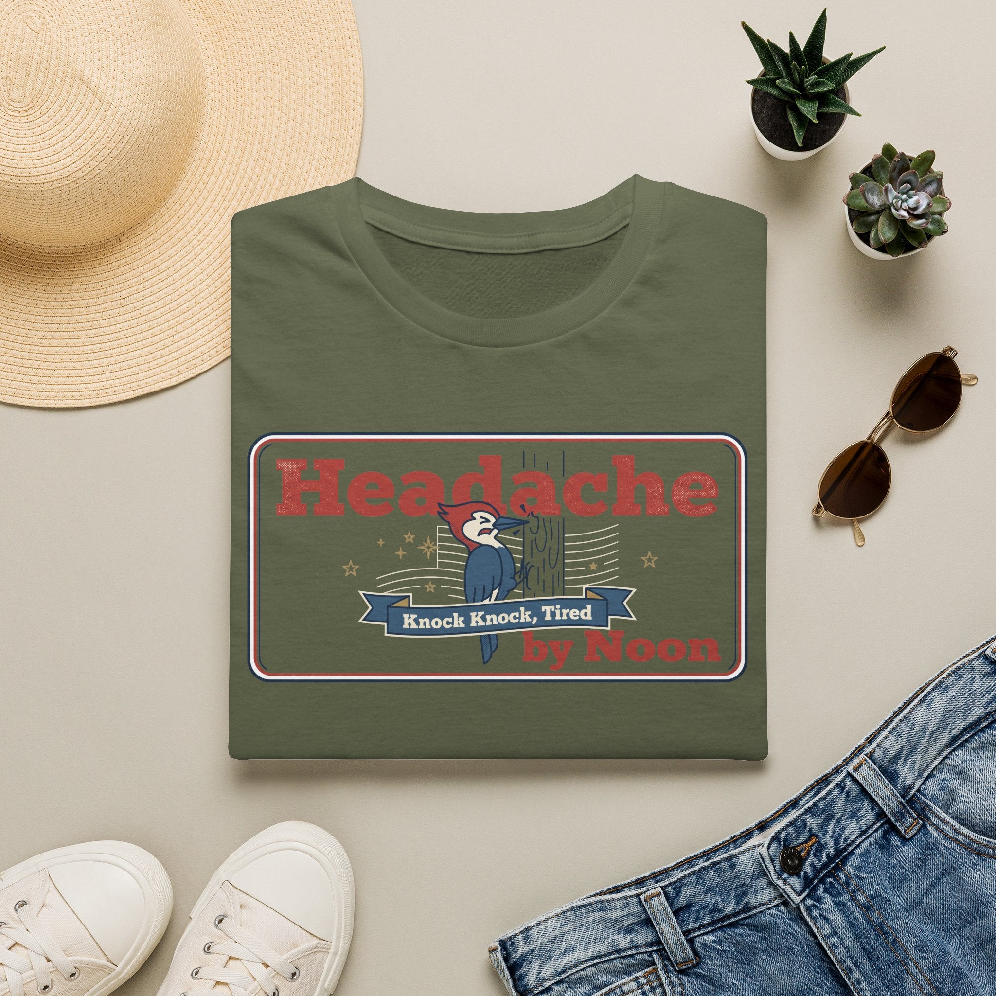 Funny Headache T-Shirt | Knock Knock Tired by Noon Retro Graphic Tee | Sarcastic Humor Gift