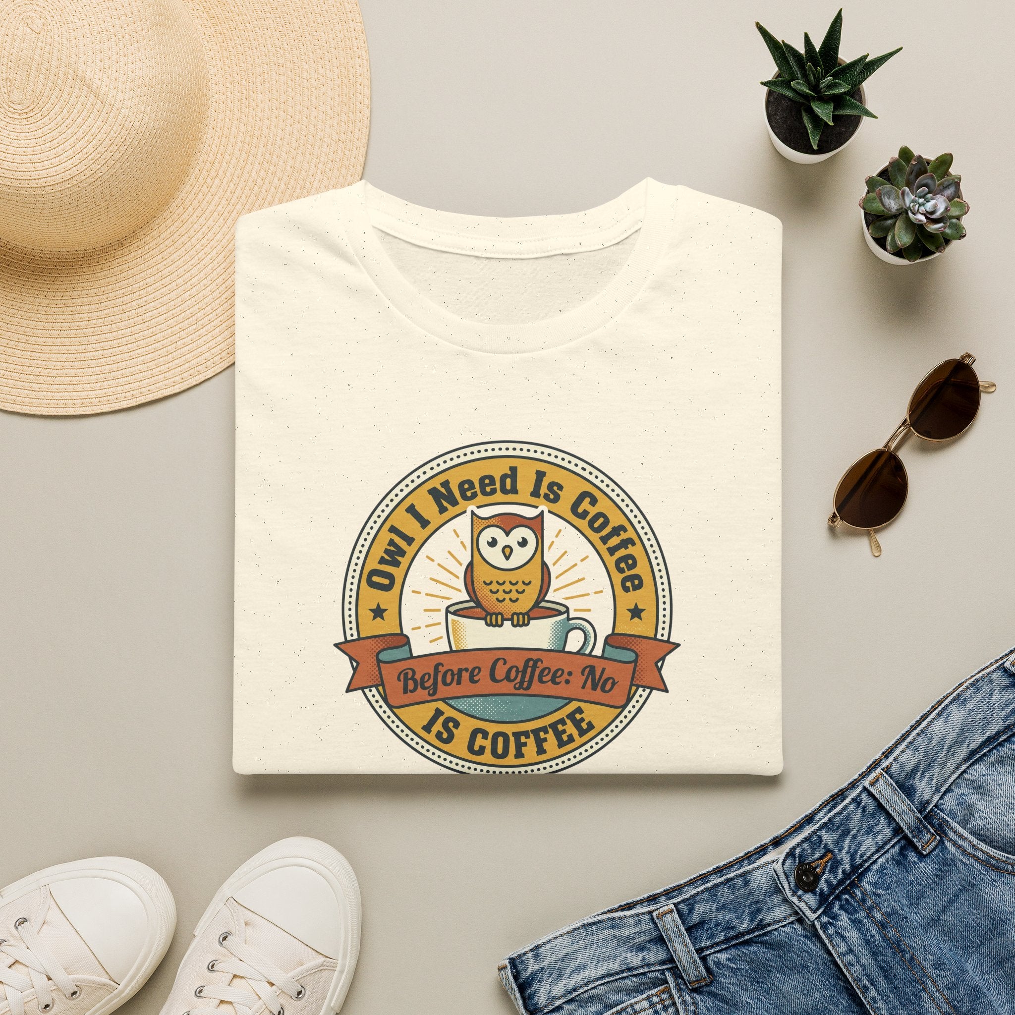 Owl I Need Is Coffee T-Shirt | Cute Coffee Owl Vintage Badge