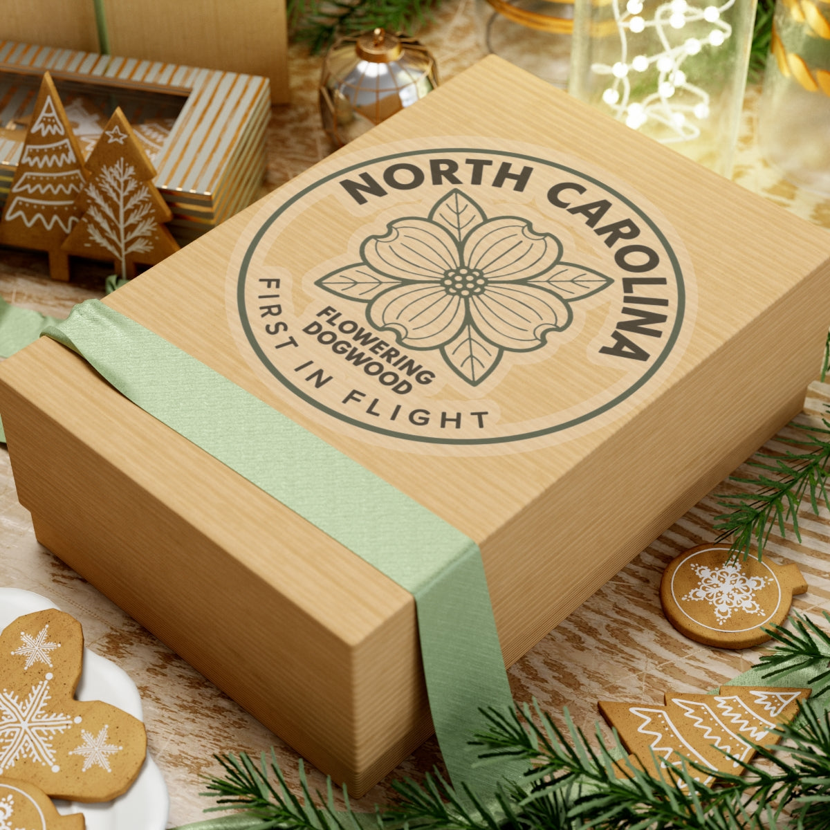 Transparent vinyl dogwood state flower sticker with circular North Carolina seal