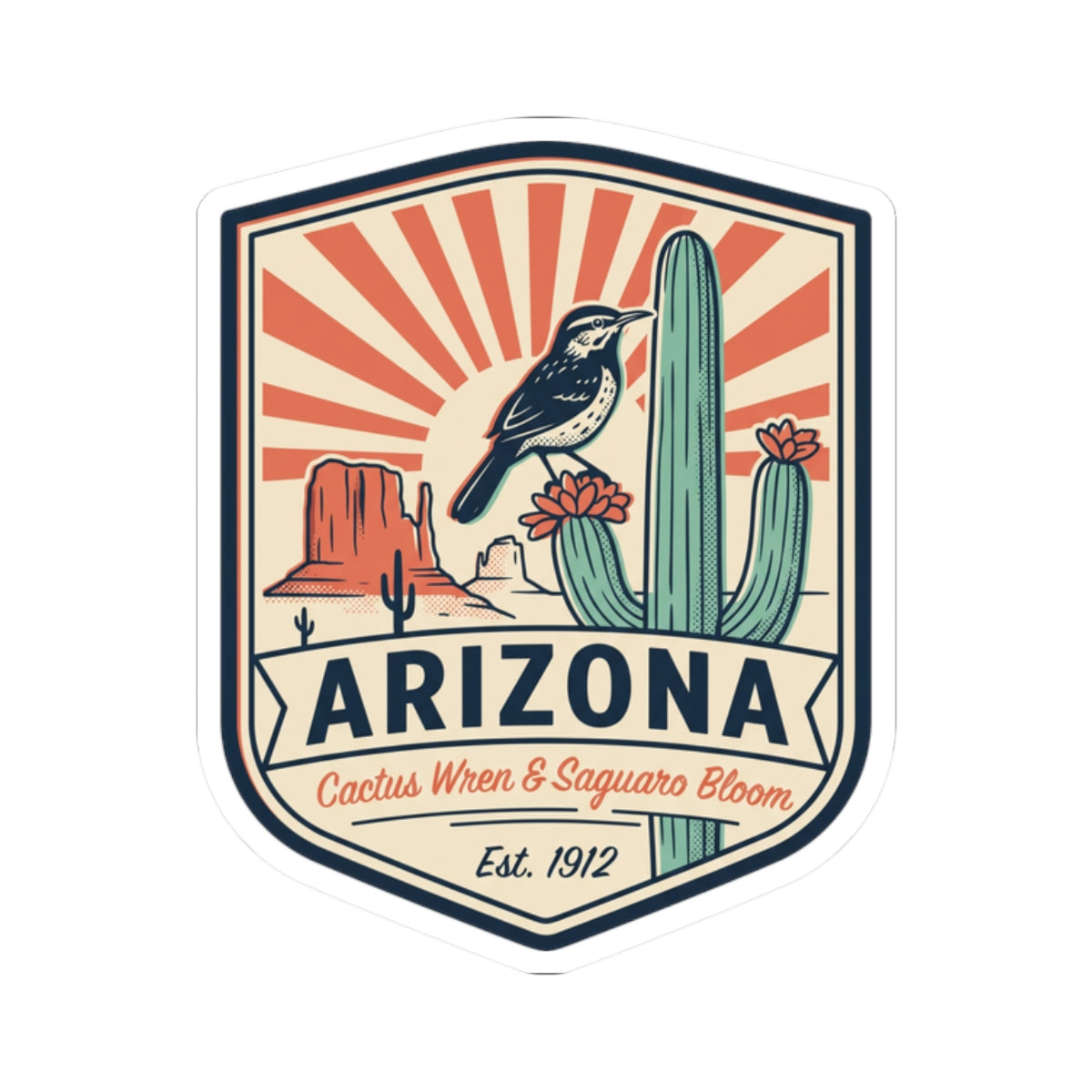 Arizona desert sticker badge with cactus wren, saguaro cactus, flowers, and Est. 1912.