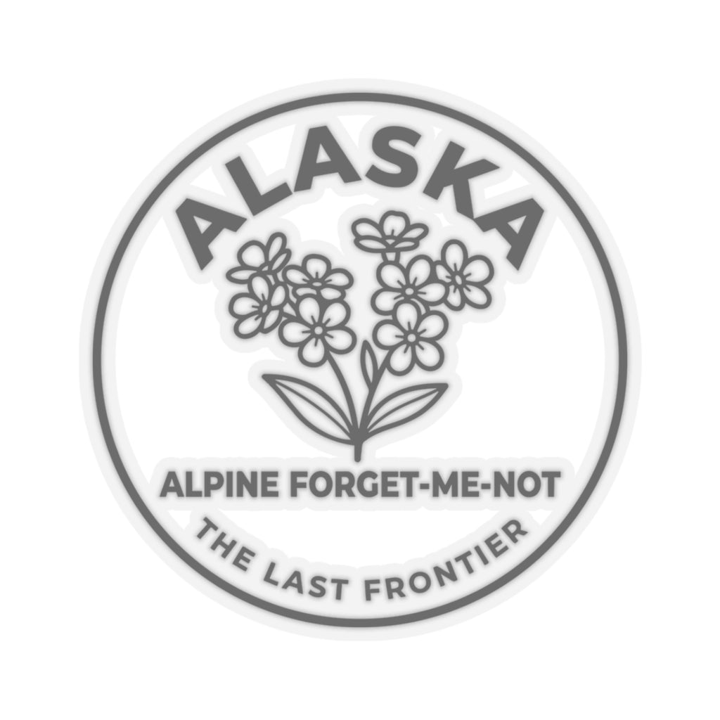 Alaska alpine forget-me-not vinyl sticker, circular badge with flower cluster graphic