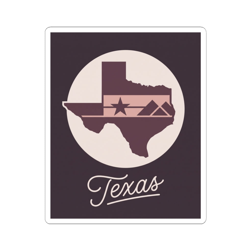 Texas state silhouette kiss-cut decal sticker with star and script "Texas" in dark square