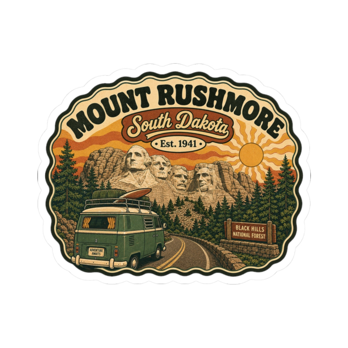 Die-cut travel sticker showing Mount Rushmore, South Dakota, sunset sun, and green van