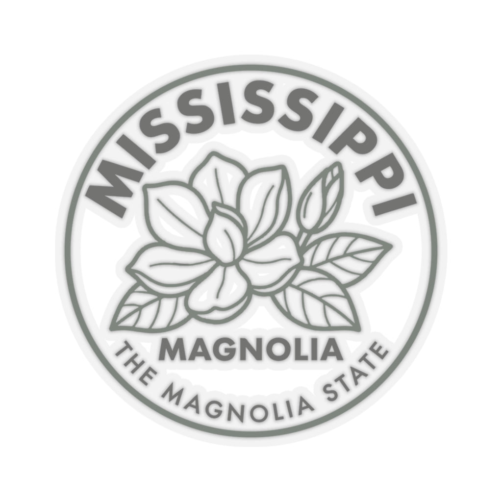 Transparent vinyl sticker featuring a round Mississippi magnolia floral state seal design