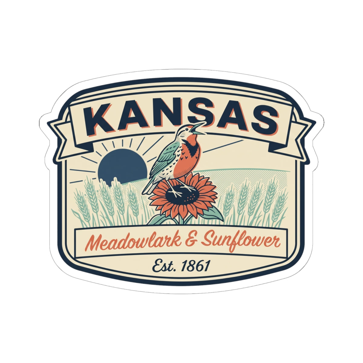 Kansas state badge sticker with meadowlark and sunflower artwork and Est. 1861 text