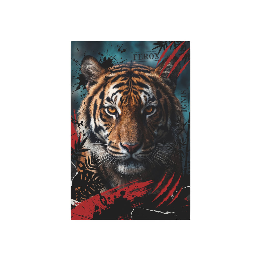 Tiger wall art print with snarling big cat face, black, red and teal abstract accents