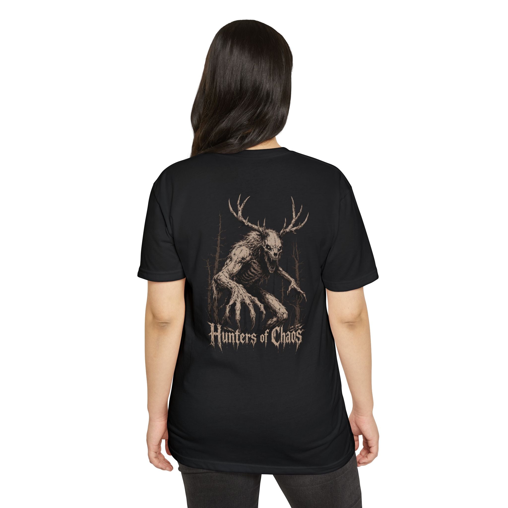 Black crew-neck T-shirt with back 'Hunters of Chaos' deer antler skull print