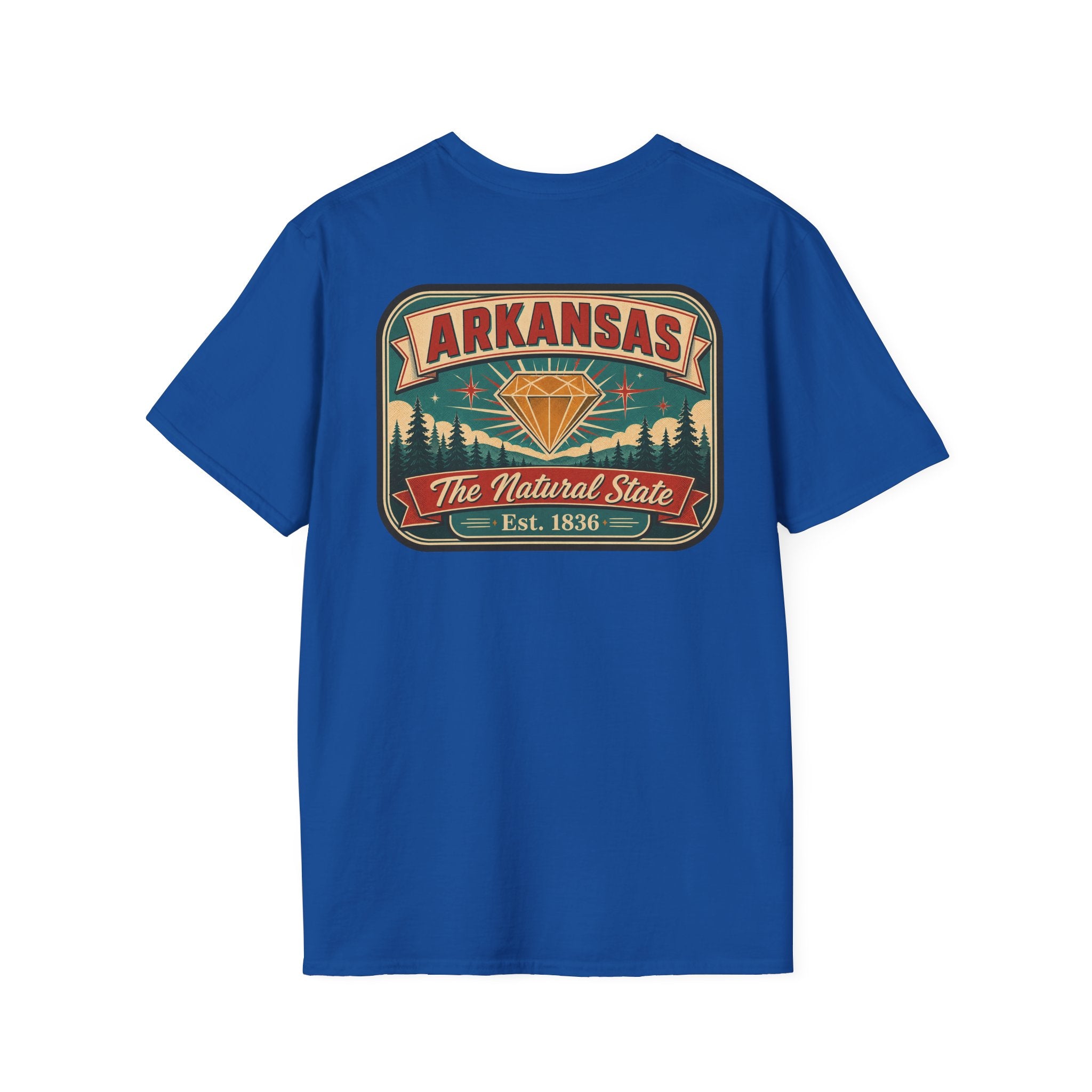 Crewneck T-shirt in royal blue with Arkansas “Natural State” badge graphic
