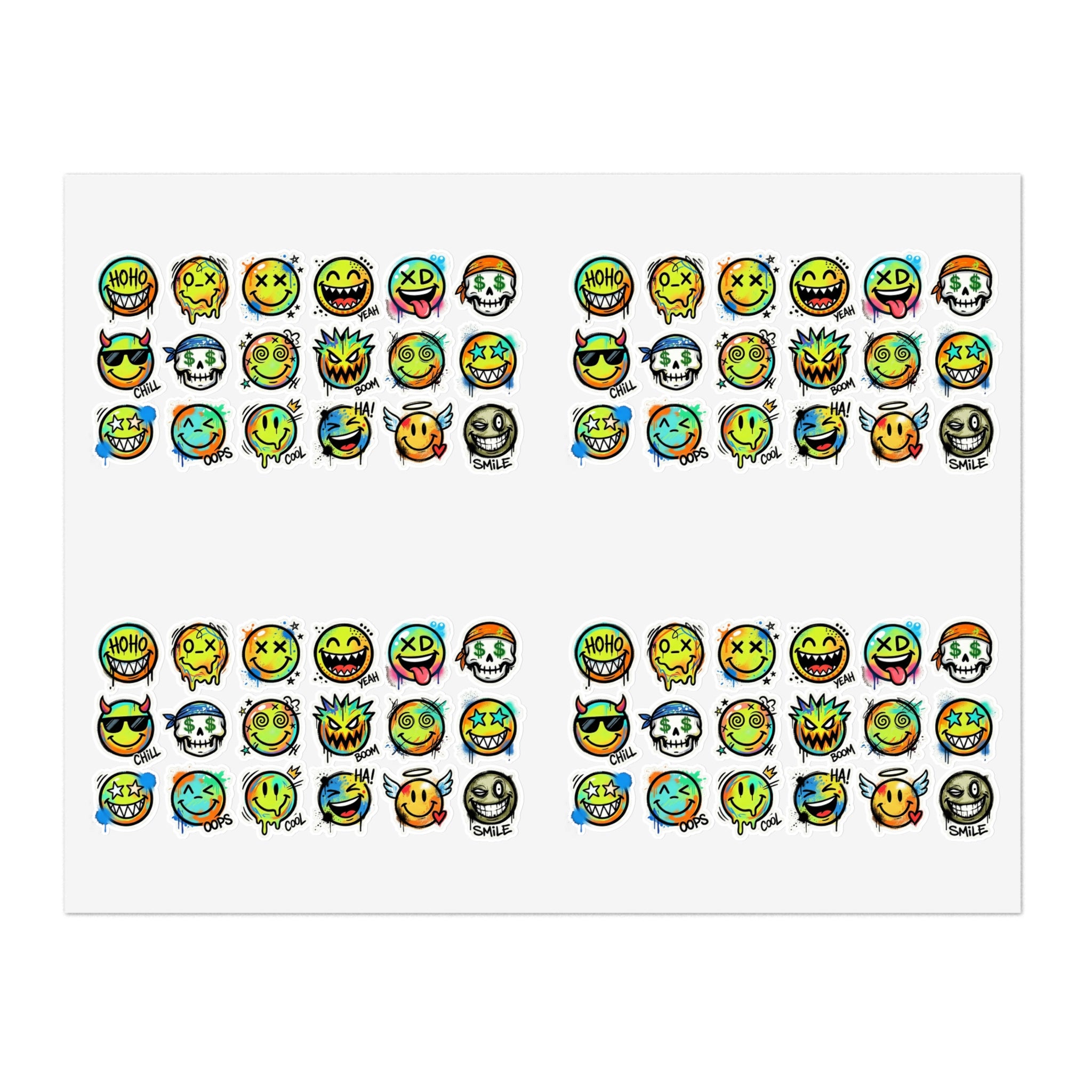 Emoji face icons sticker sheet with multiple funny faces in two neat rows
