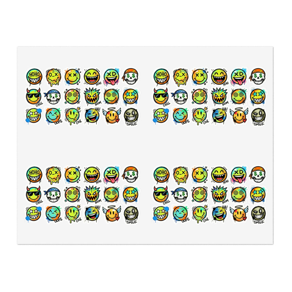 Emoji-Gesichts-Stickerbogen mit Die-Cut Aufklebern, buntes Set aus Smileys und Skulls