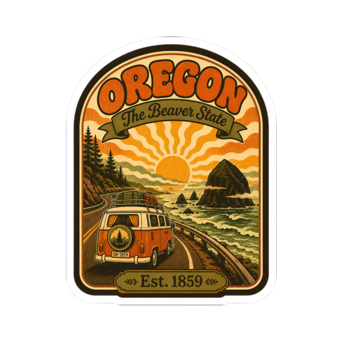 Oregon retro van sticker with orange sunset, pine trees, rocks, and white outer border