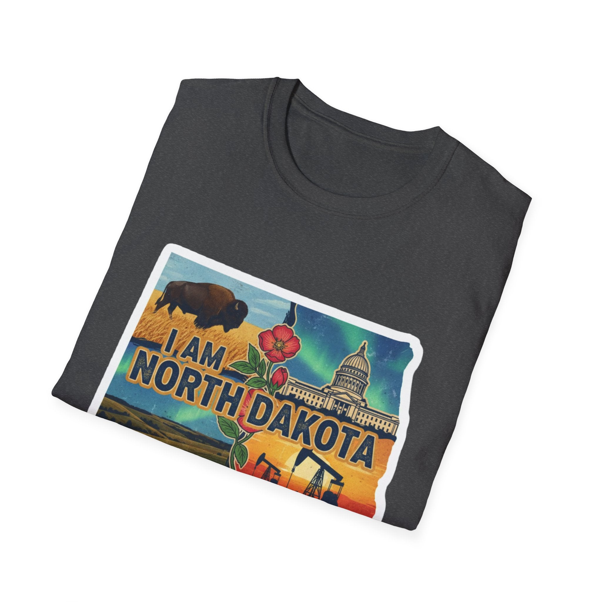 I Am North Dakota T-Shirt, dunkles meliertes Grau, Frontprint mit Büffel & Capitol