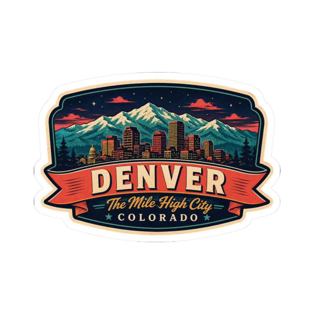 Luggage tag sticker featuring Denver skyline mountains with “The Mile High City” text