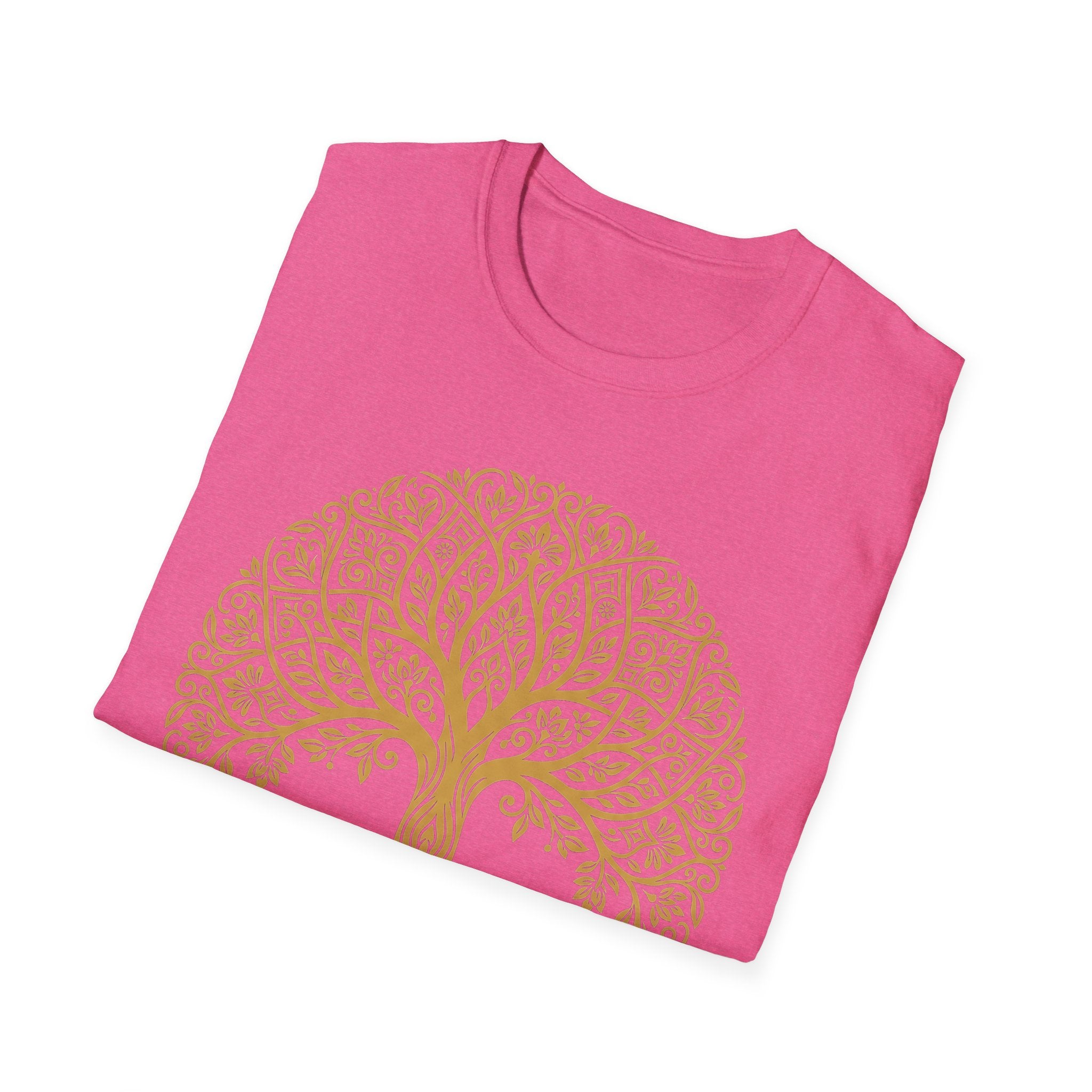 Pink T-shirt with gold Tree of Life mandala graphic front