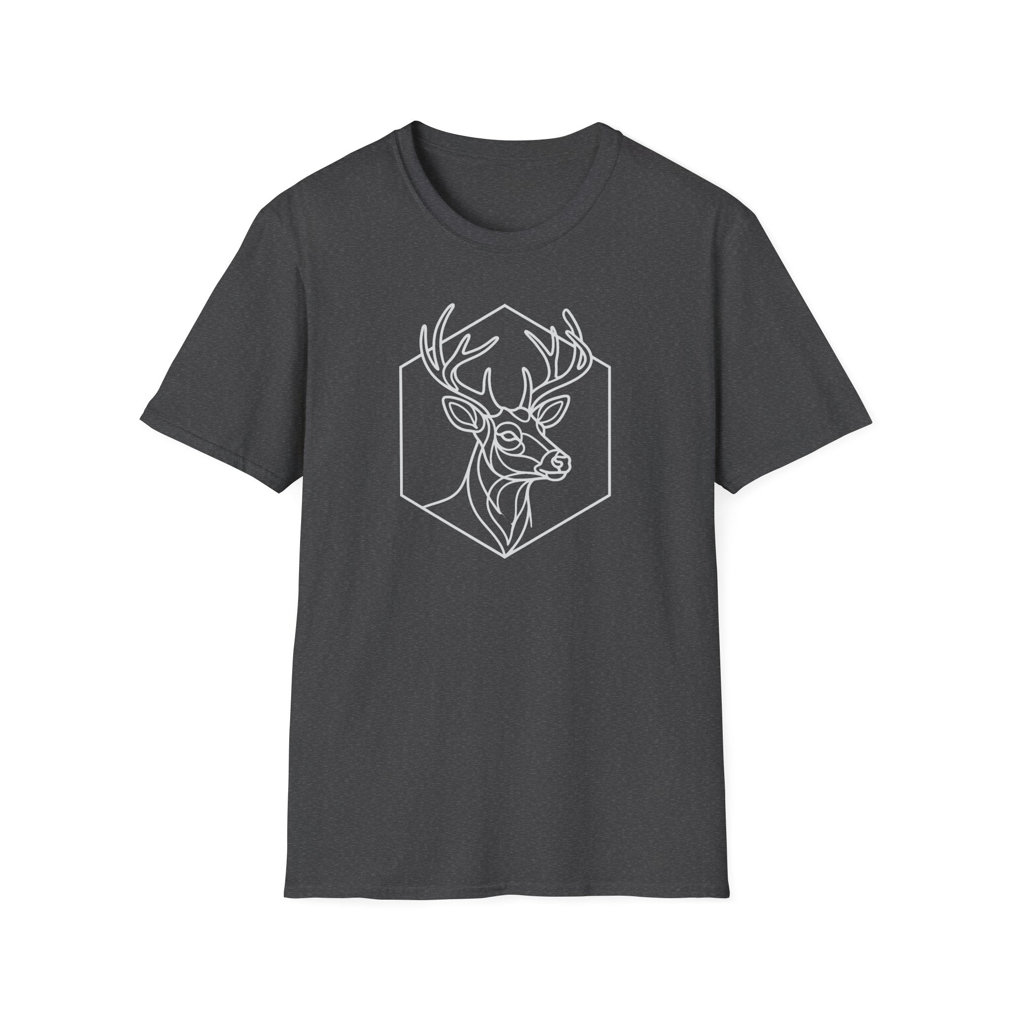 Dark heather deer head line art graphic T-shirt with antlers inside hexagon