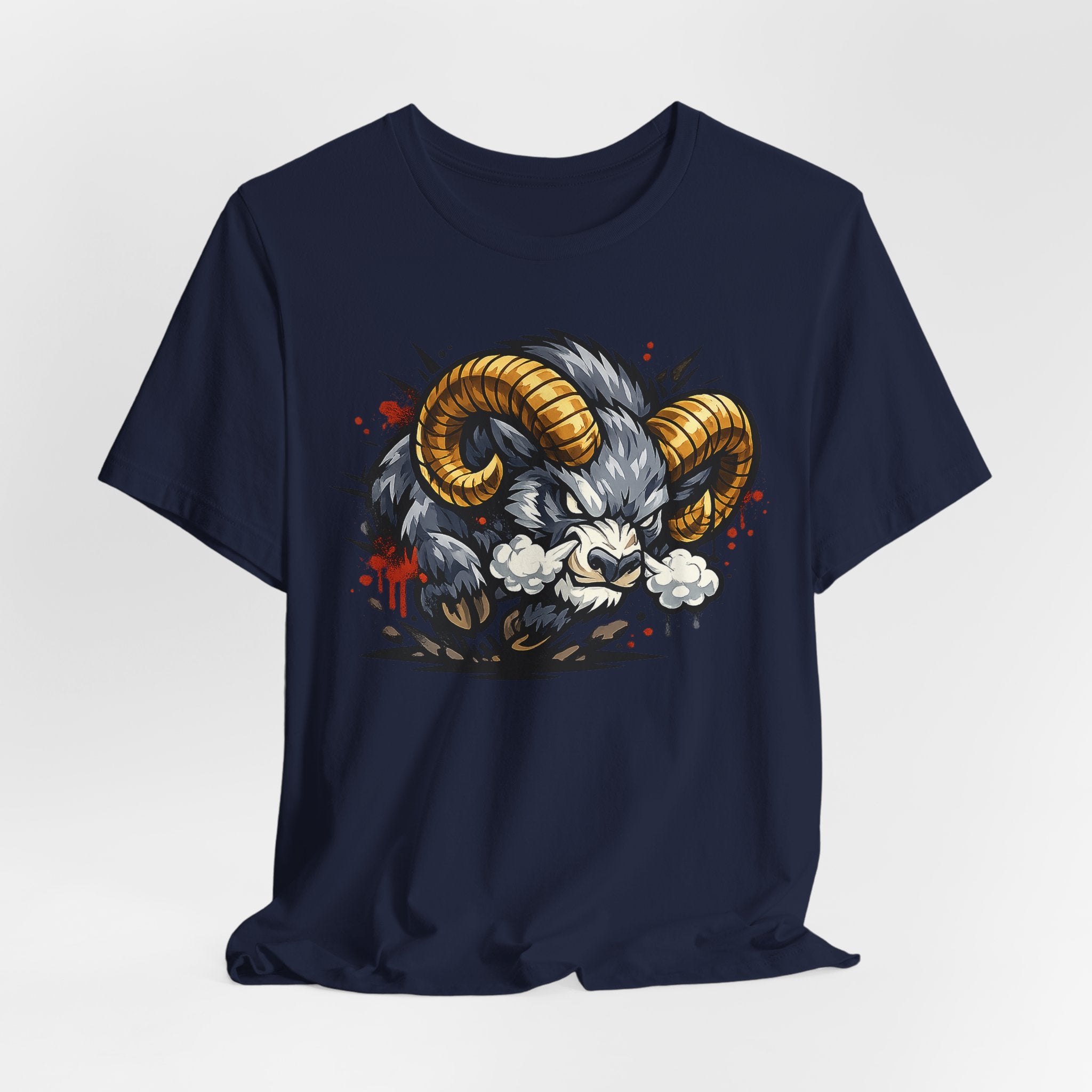 Charging Ram Illustration T-Shirt | Angry Horned Animal Graphic Tee, Wild Bighorn Art Unisex Gift
