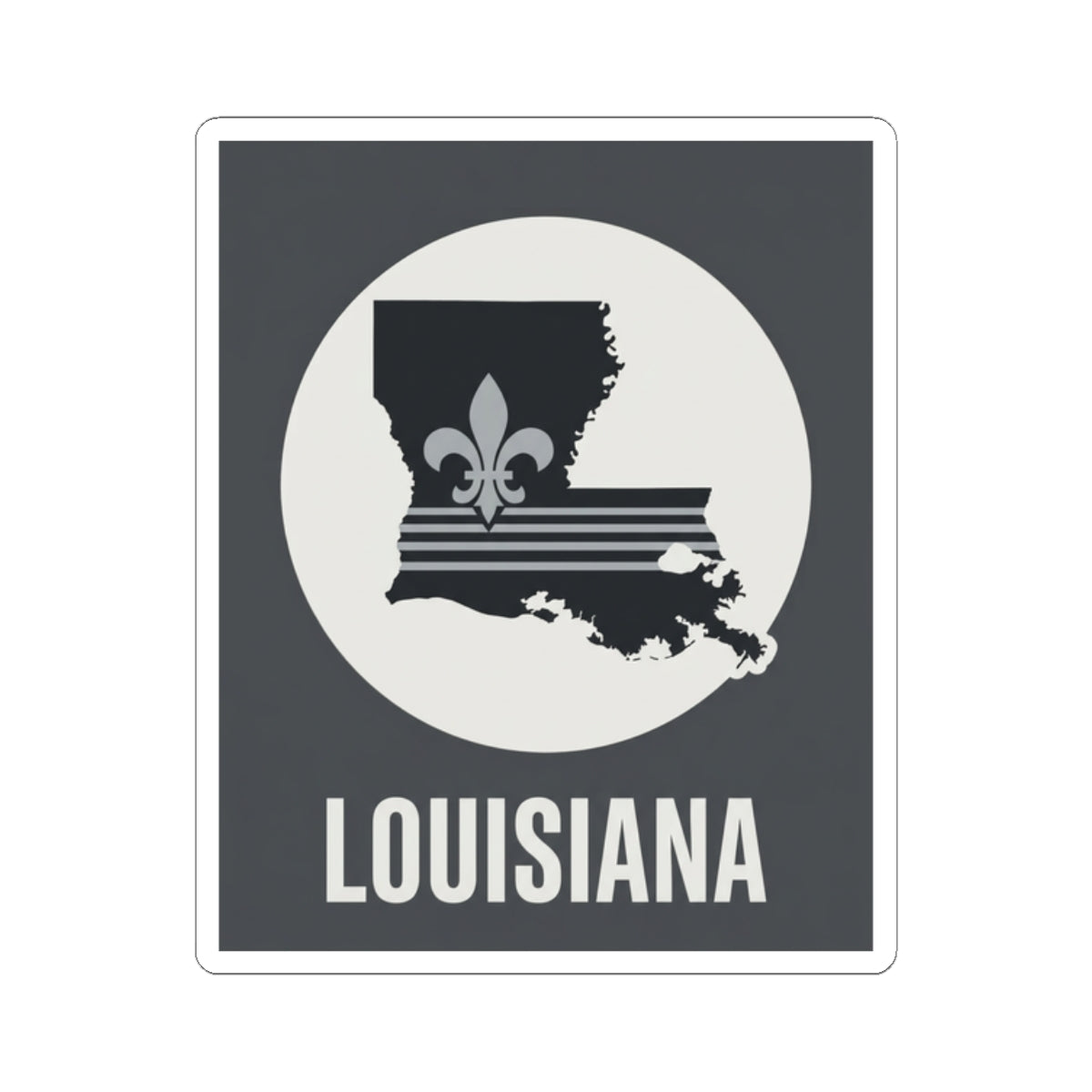 Louisiana fleur-de-lis kiss-cut sticker, black square design with white circle and word LOUISIANA