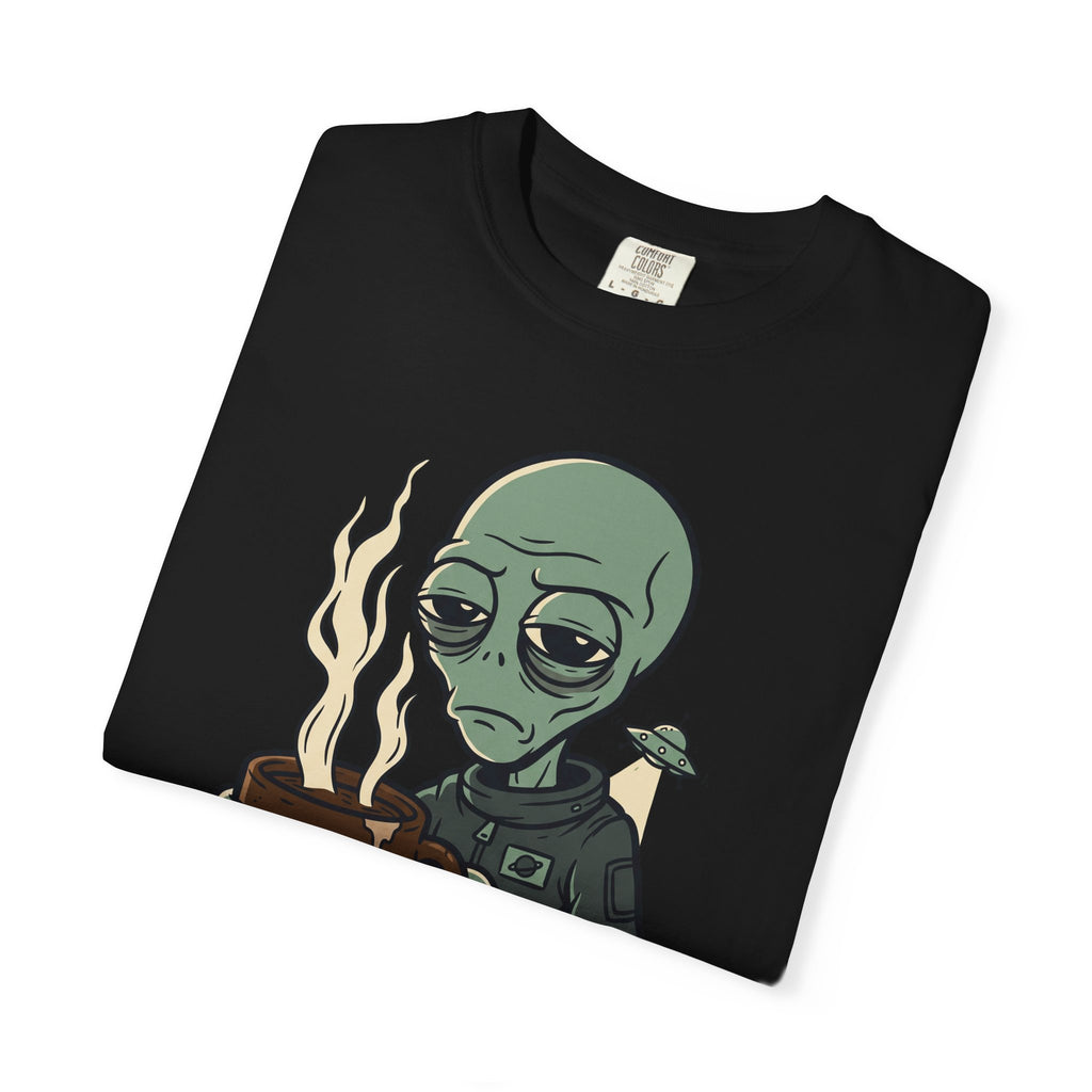 Black alien coffee T-shirt with cartoon alien, flames, and space-station graphic