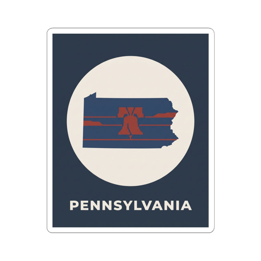 Navy sticker with white circle Pennsylvania map, Liberty Bell stripes, and PENNSYLVANIA lettering