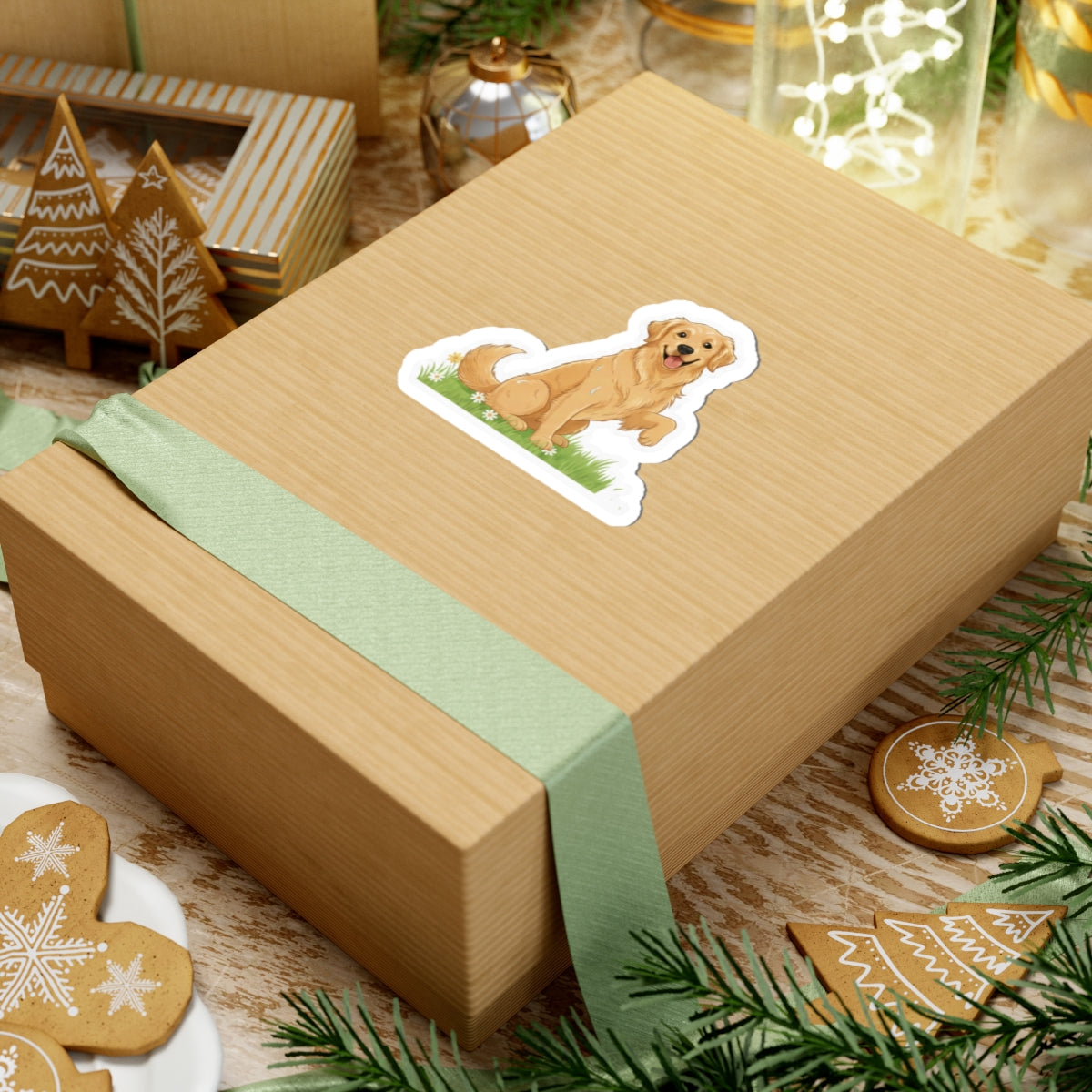 Golden Retriever sit and shake sticker on gift box, tan dog sitting in grass