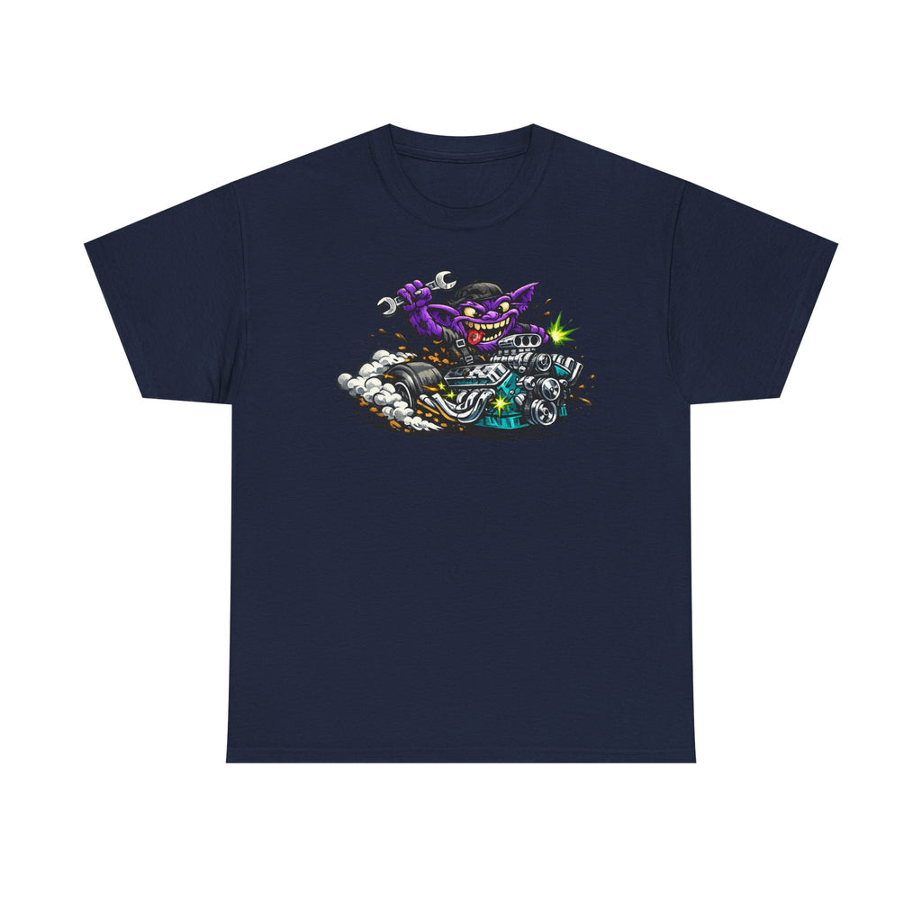 Purple Grinning Cat Biker Tee | Retro Cartoon Motorcycle Graphic T-Shirt, Unisex Streetwear Gift