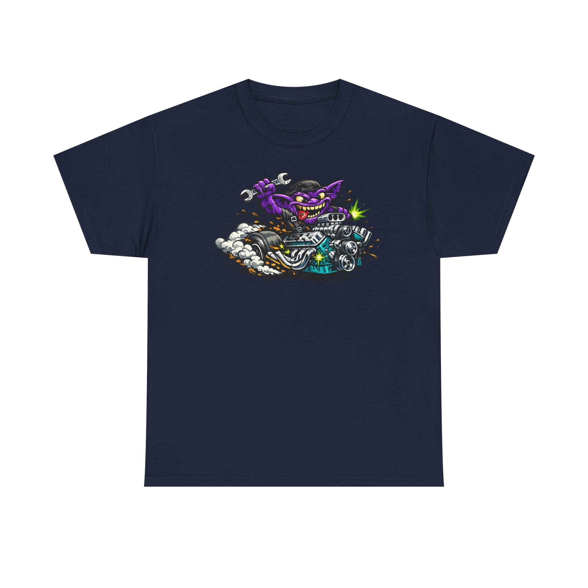 Purple Grinning Cat Biker Tee | Retro Cartoon Motorcycle Graphic T-Shirt, Unisex Streetwear Gift