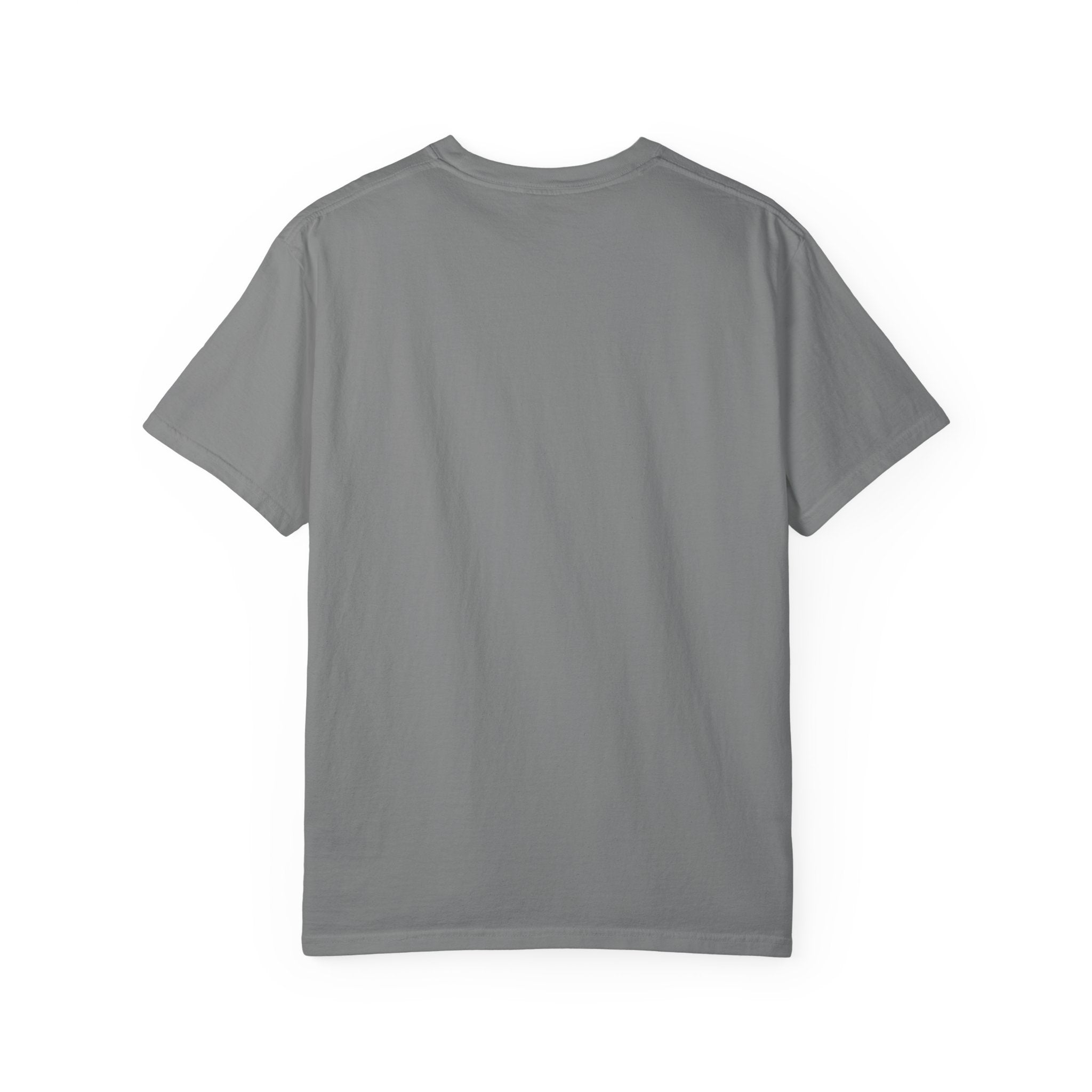 Gray crew-neck T-shirt, short sleeves, plain front with no visible graphic.