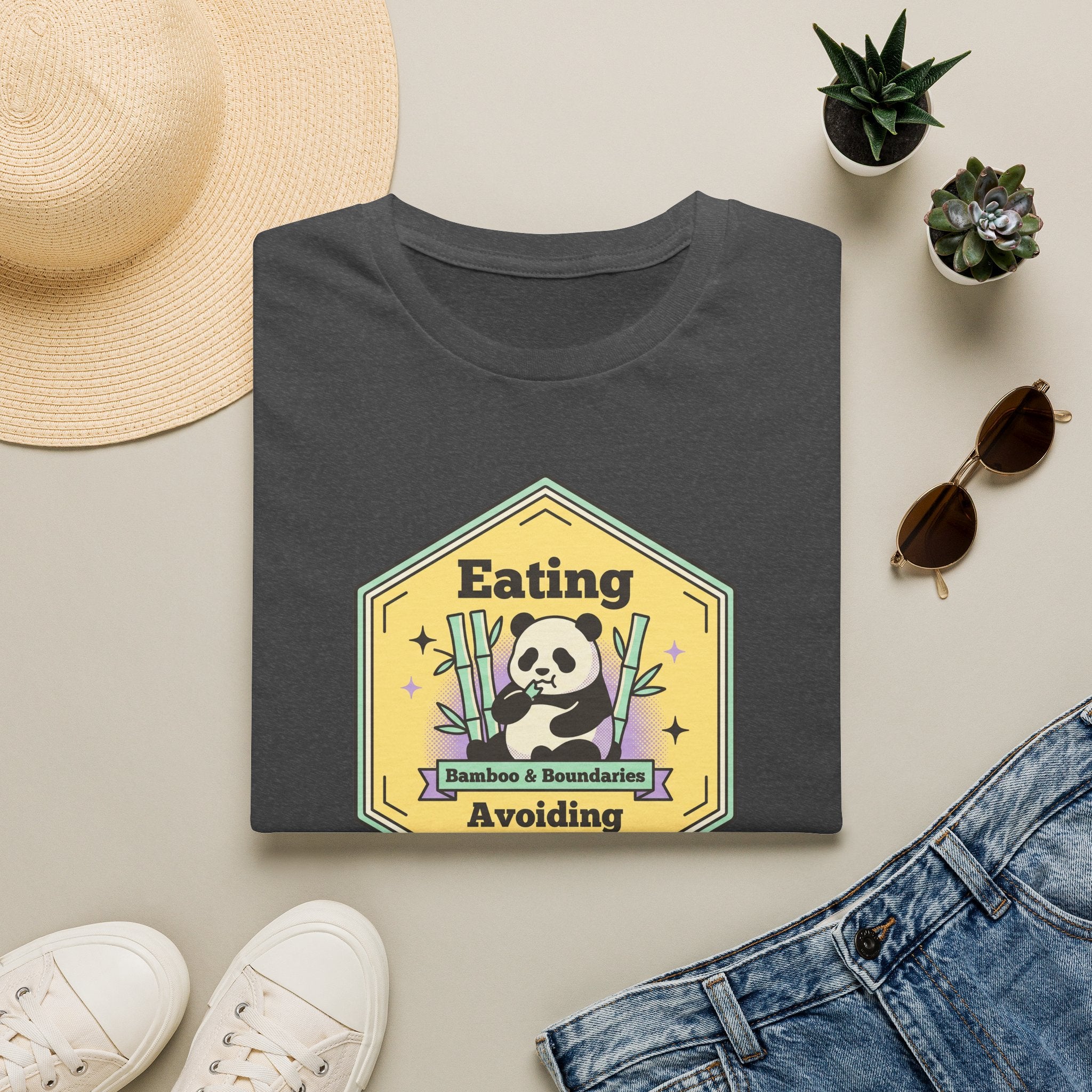 Charcoal gray unisex T-shirt with panda “Avoiding” graphic on the front