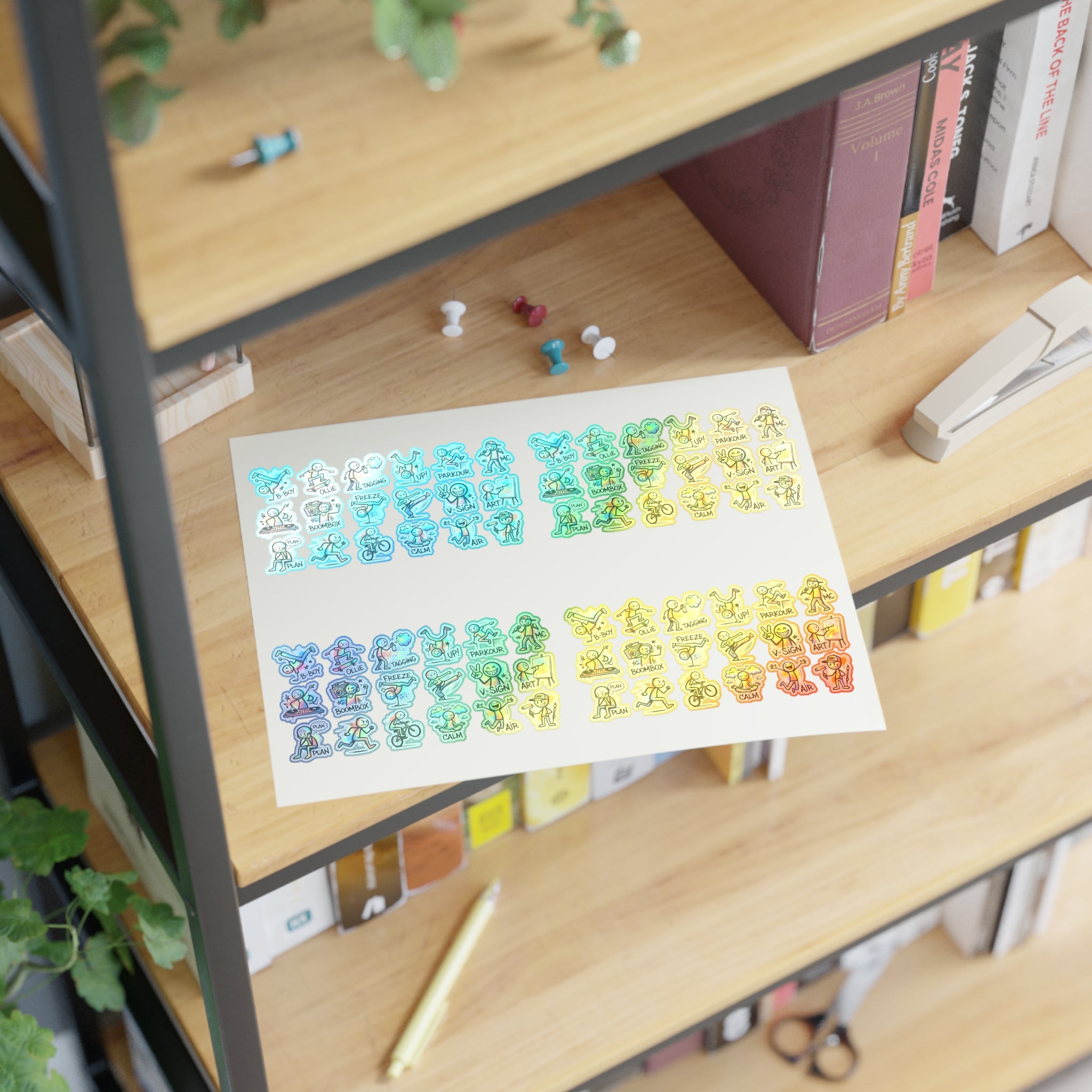 Die-cut mini character exercise sticker sheet, blue-to-yellow icon clusters