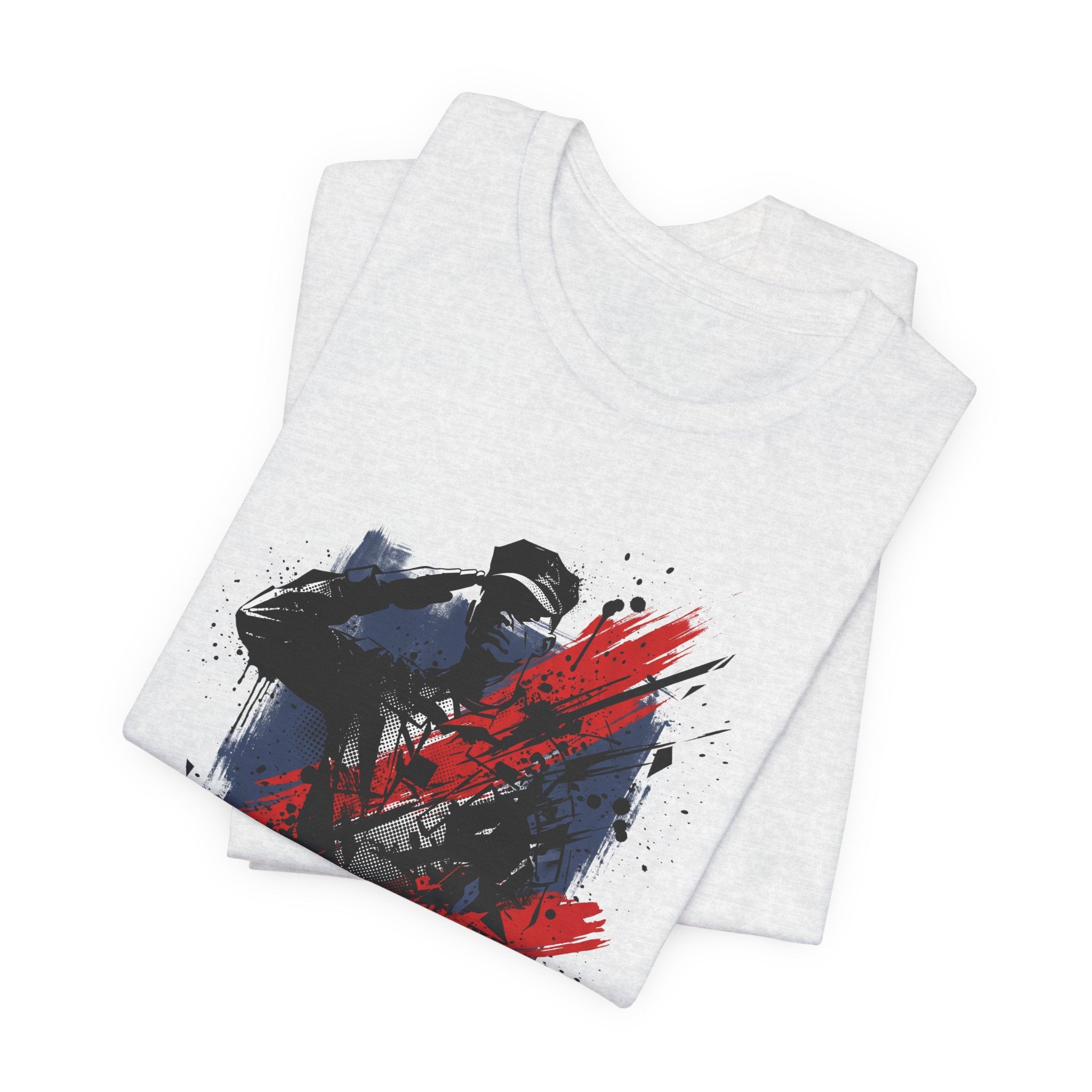 Light grey Honor Soldier Silhouette T-Shirt with soldier graphic in blue, red, and black
