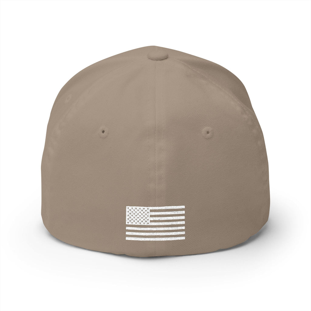 Khaki baseball cap with white American flag patch on the front