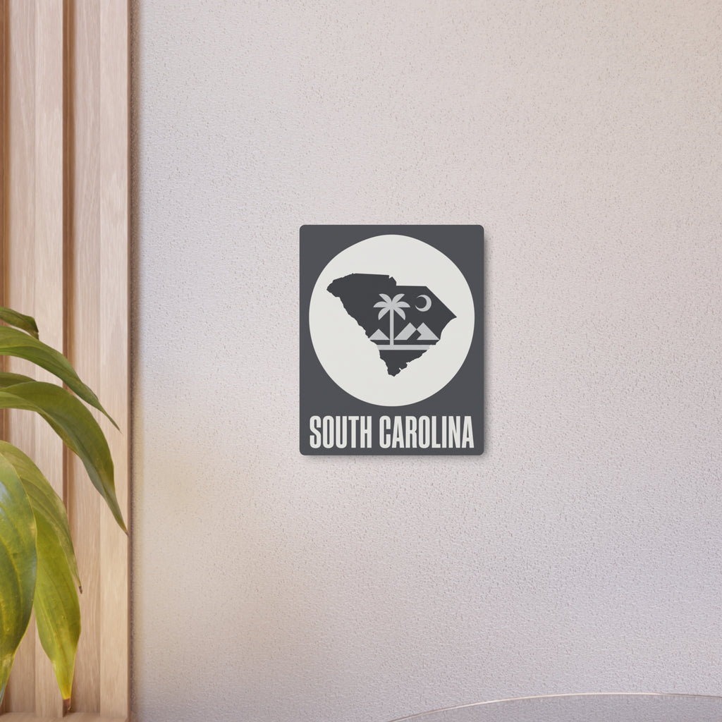 South Carolina metal wall sign, small dark gray square with white circular map and “SOUTH CAROLINA”